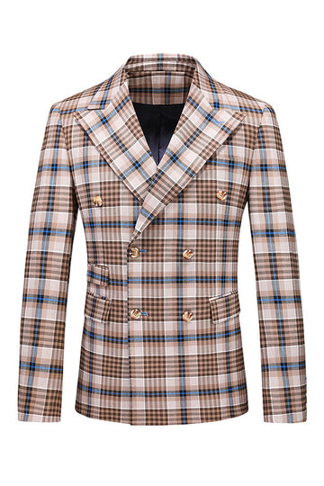 Vintage Peak Lapel Slim Fit 2 Piece Black Blue Grid Men's Suits